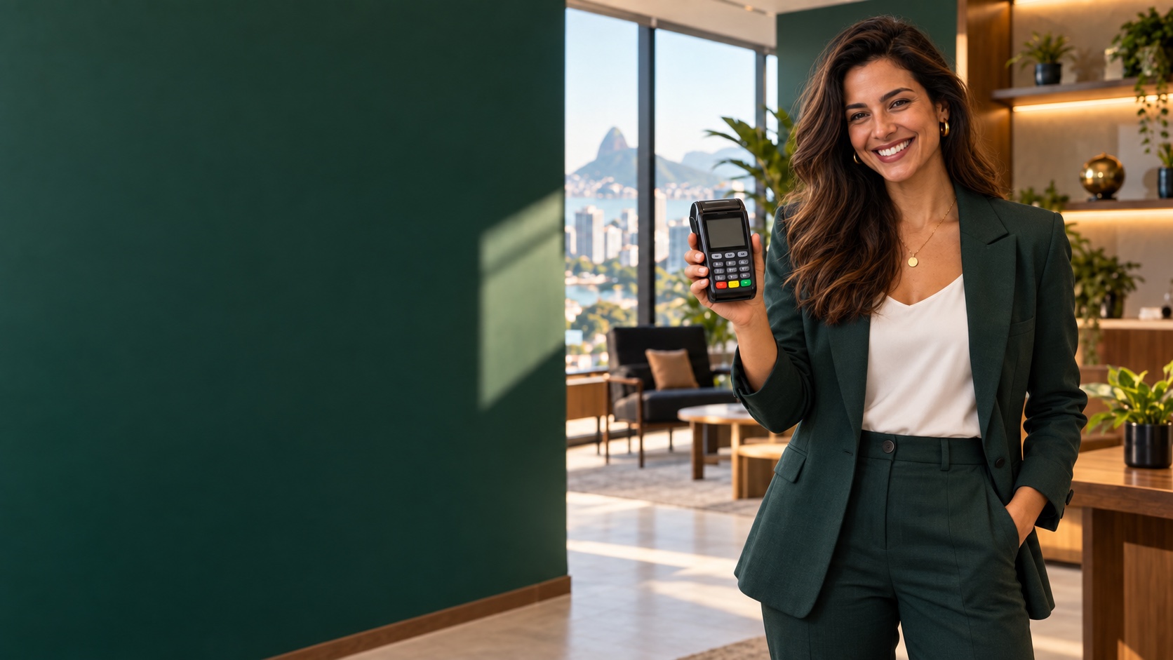 Mulher de blazer verde segurando uma maquininha de cartão
